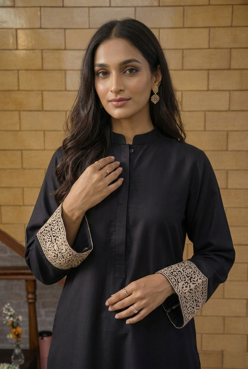 Modern Black Twin Set with Contrast Patterned Sleeves