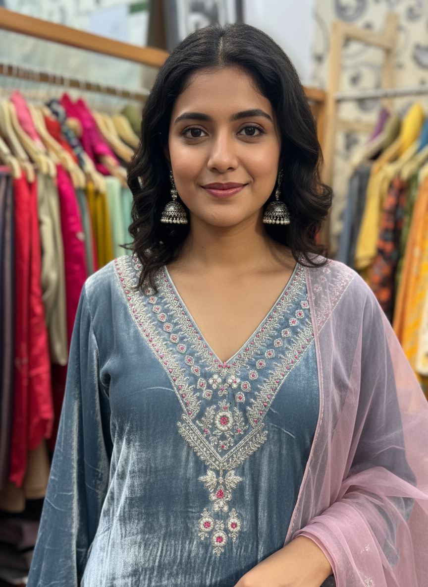 Silk Velvet Pakistani Suit: Zardozi and Resham Work with Organza Dupatta