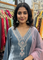 Silk Velvet Pakistani Suit: Zardozi and Resham Work with Organza Dupatta