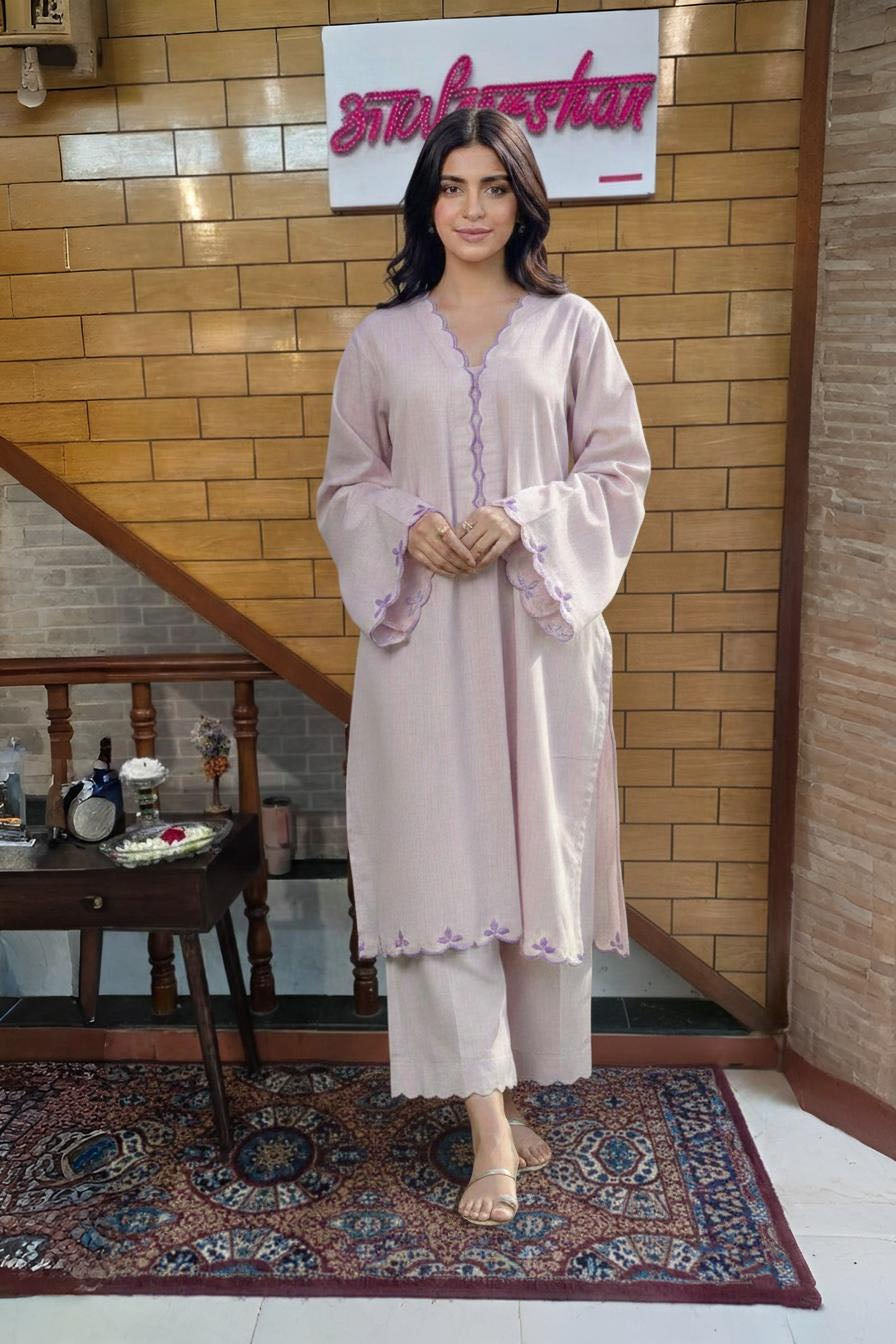 Blush Pink Scalloped Kurta Set with Embroidered Bell Sleeves & Straight Pants