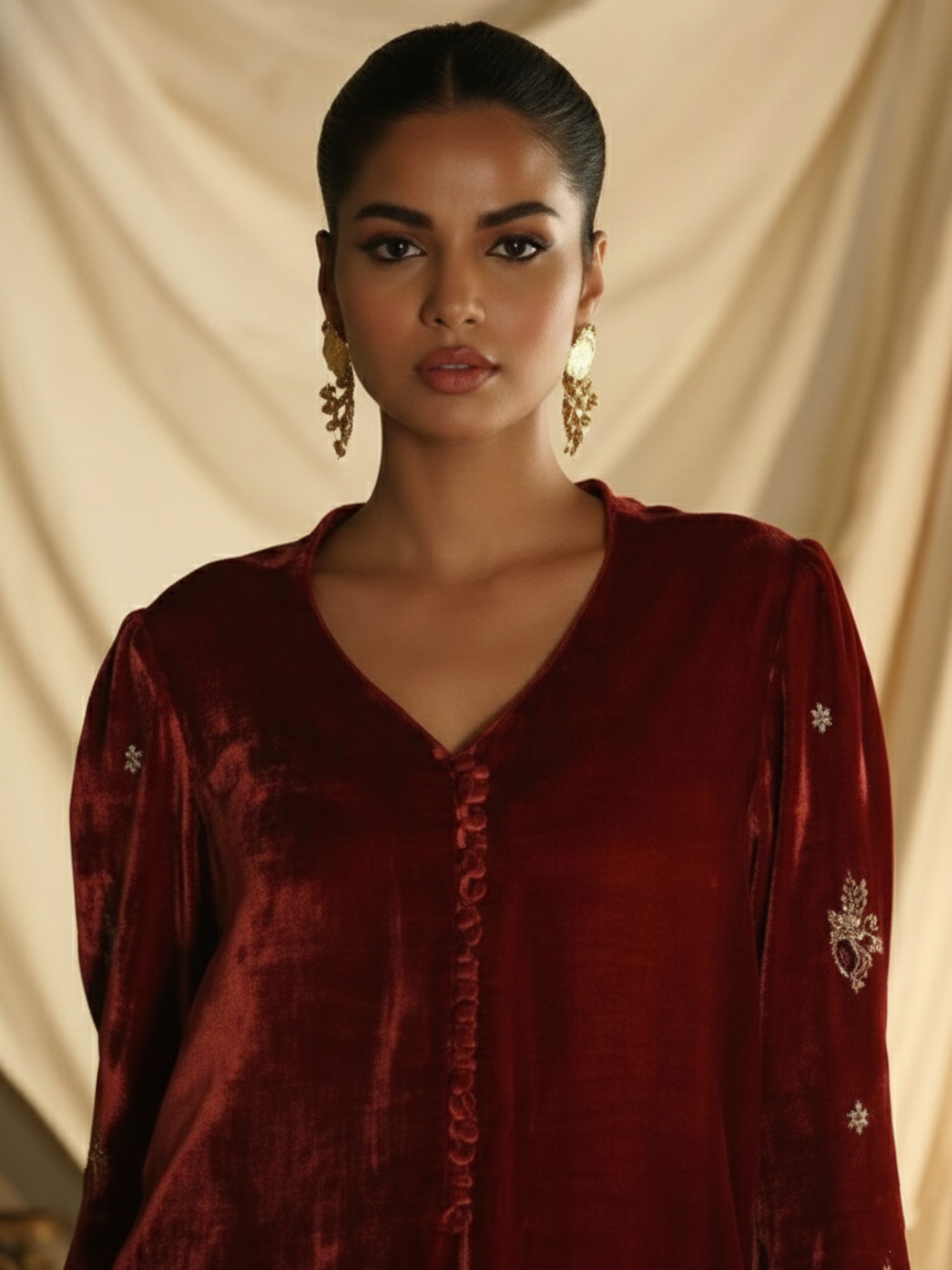Silk Velvet Top & Silk Salwar Zardozi Suit