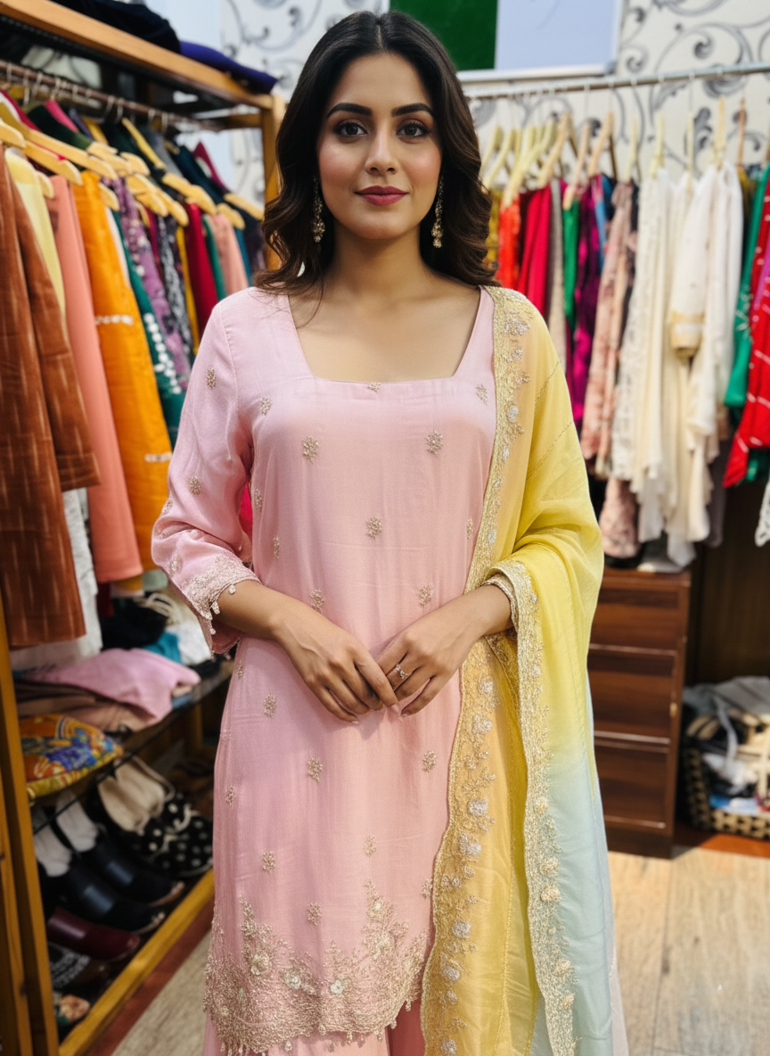 Blush Pink Crepe Zardozi Embroidered Sharara Suit with Pastel Organza Dupatta