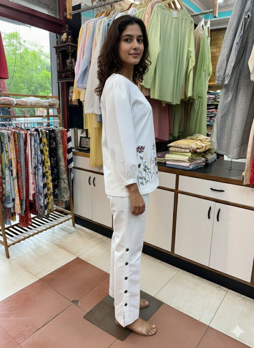 Cotton Linen Co-ord Set with Elegant Resham Handwork