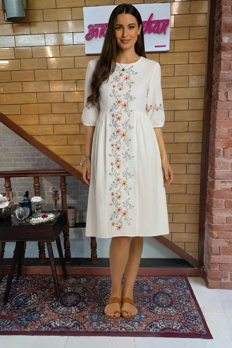Floral Embroidered Midi Dress with Puff Sleeves & Round Neckline