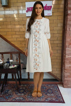 Floral Embroidered Midi Dress with Puff Sleeves & Round Neckline