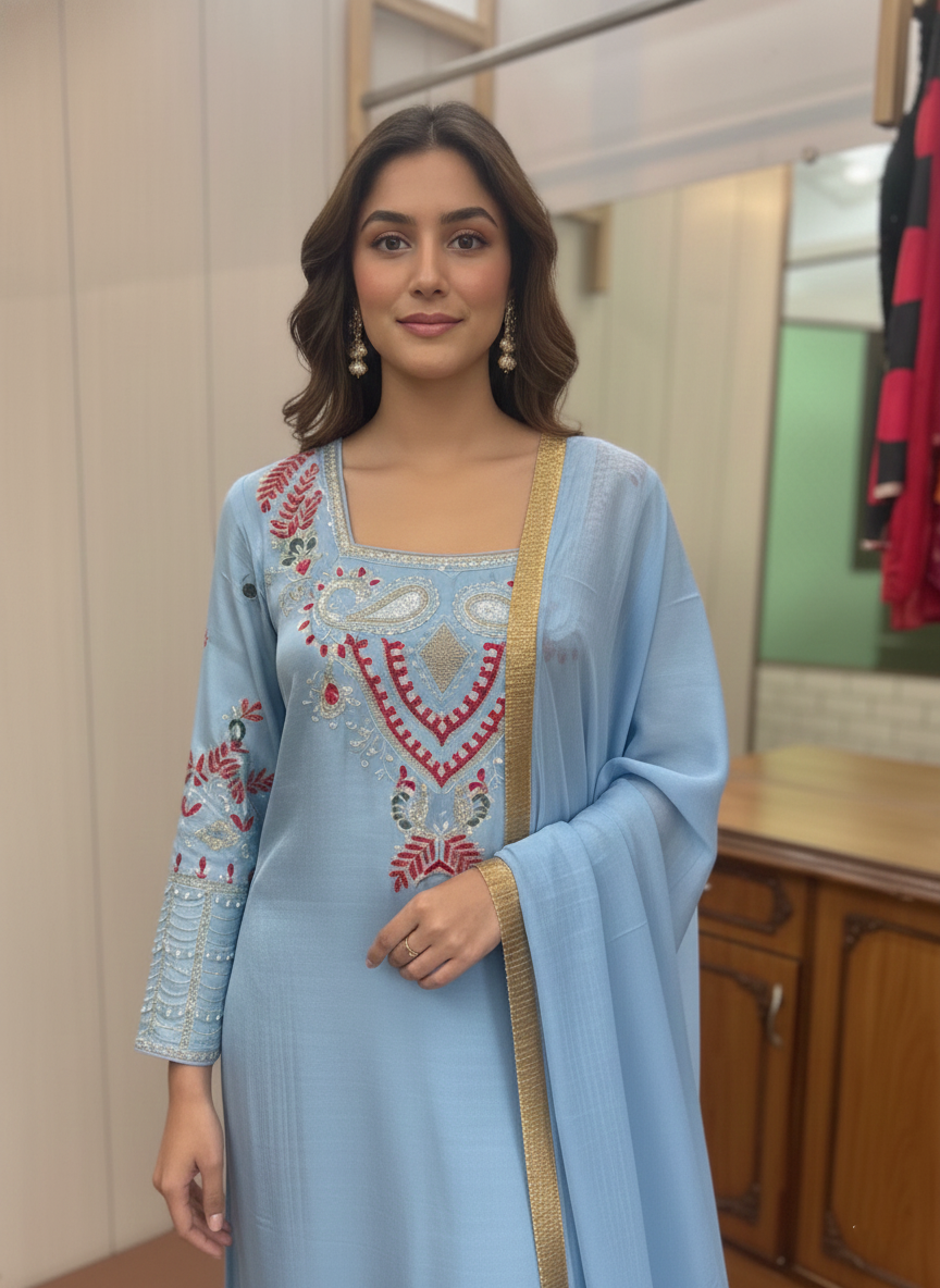 Opulent Crepe Pant Suit with Resham, Zari, and Cutdana Handwork