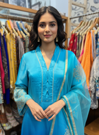 Ombre Blue Silk Suit with Aari Work & Organza Dupatta