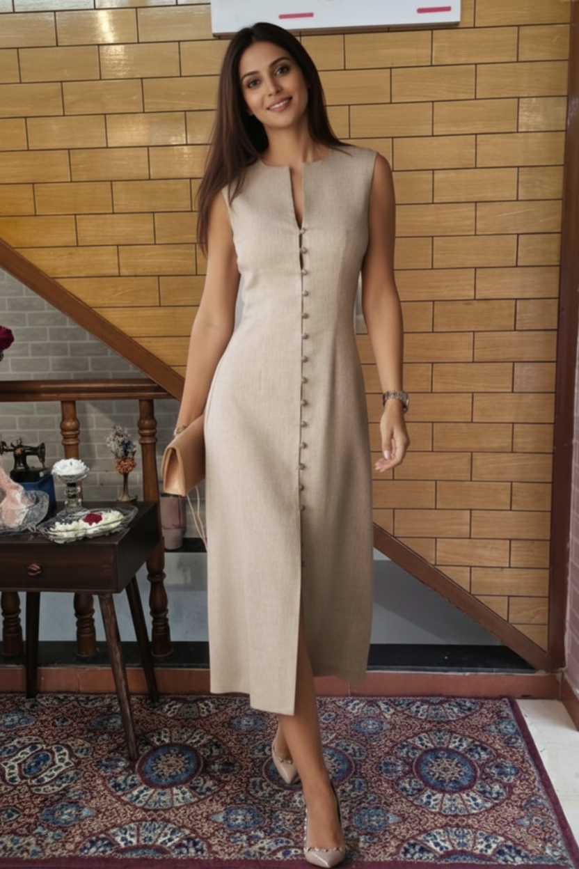 Classic Beige Linen Straight Dress