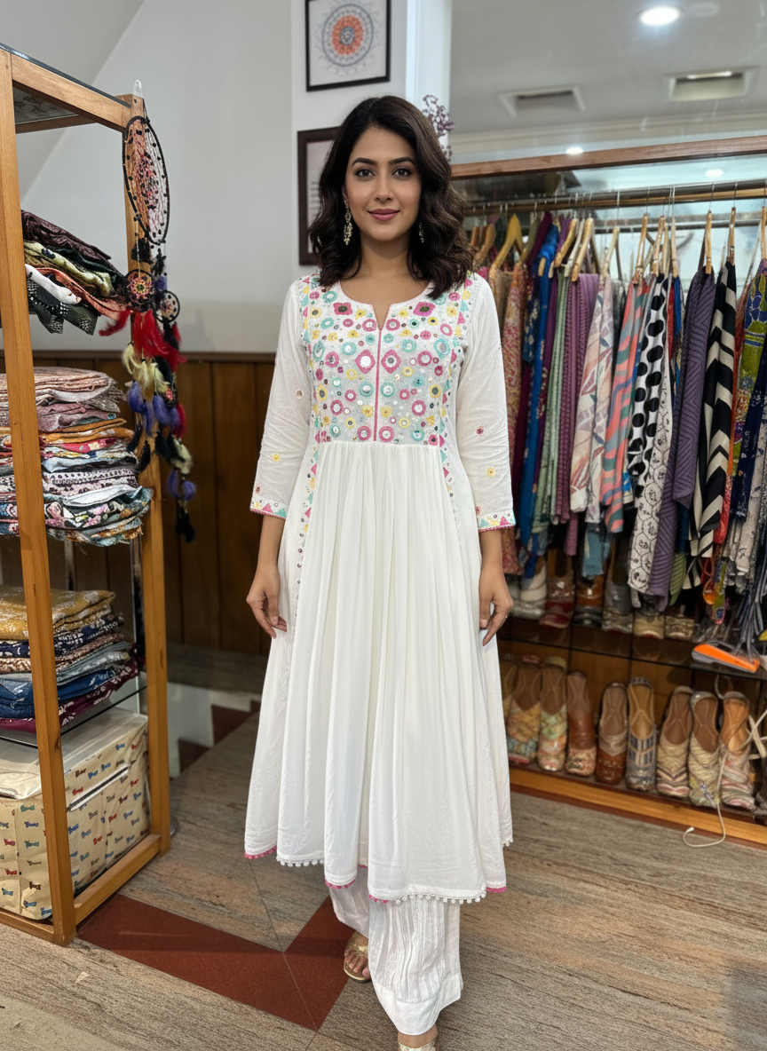 Mirror Work Embroidered Georgette Anarkali Set