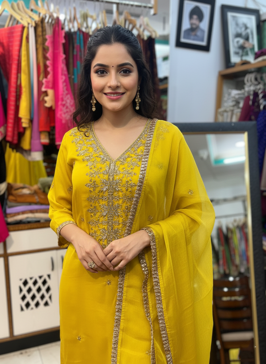 Luxurious Satin Sharara Suit with Zardozi Work & Organza Dupatta