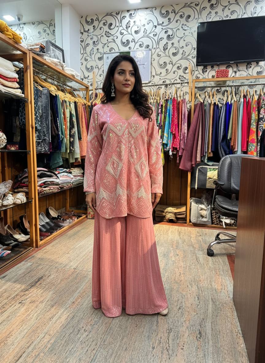 Georgette Sharara Suit with Delicate Pearl Work Embellishment