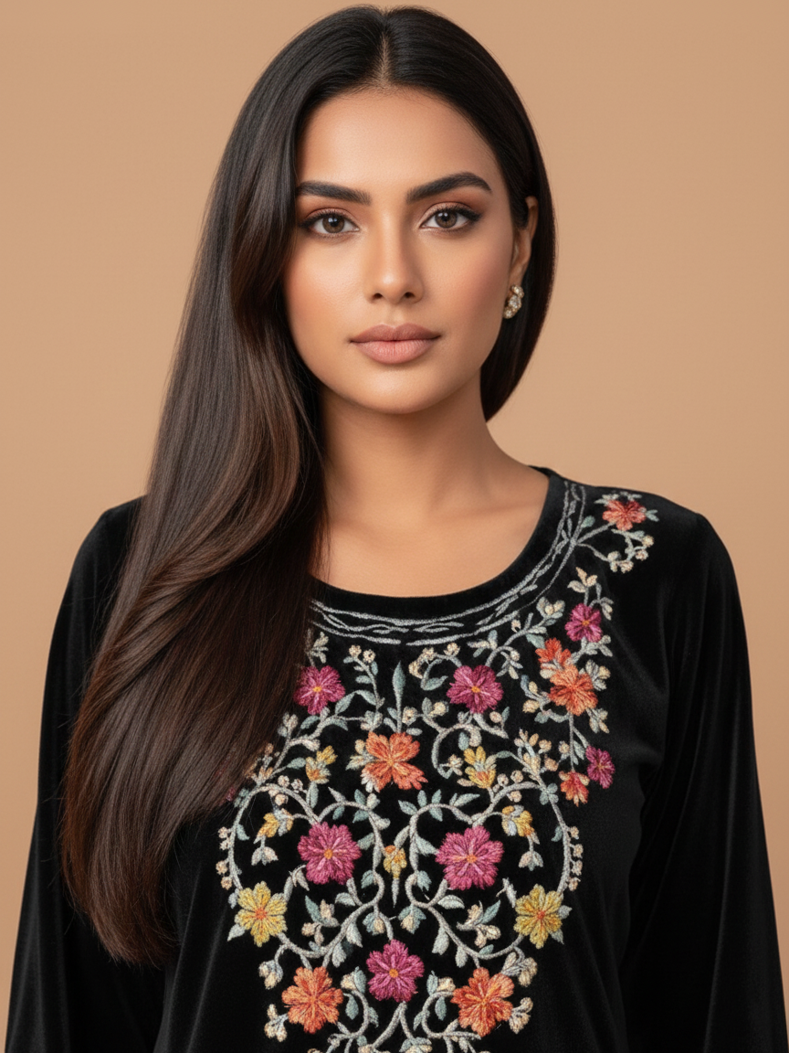 Hand-Embroidered Resham Silk Velvet Suit