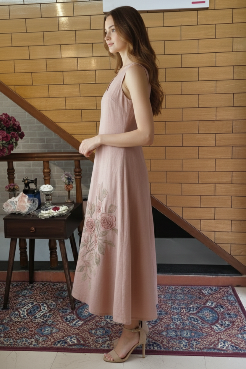 Blush Linen Midi Dress with Hand-Painted Floral Motif