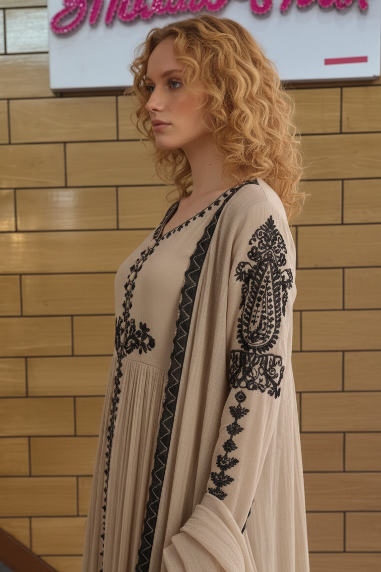 Beige Front-Cut Suit with Black Embroidery & Tassel Dupatta