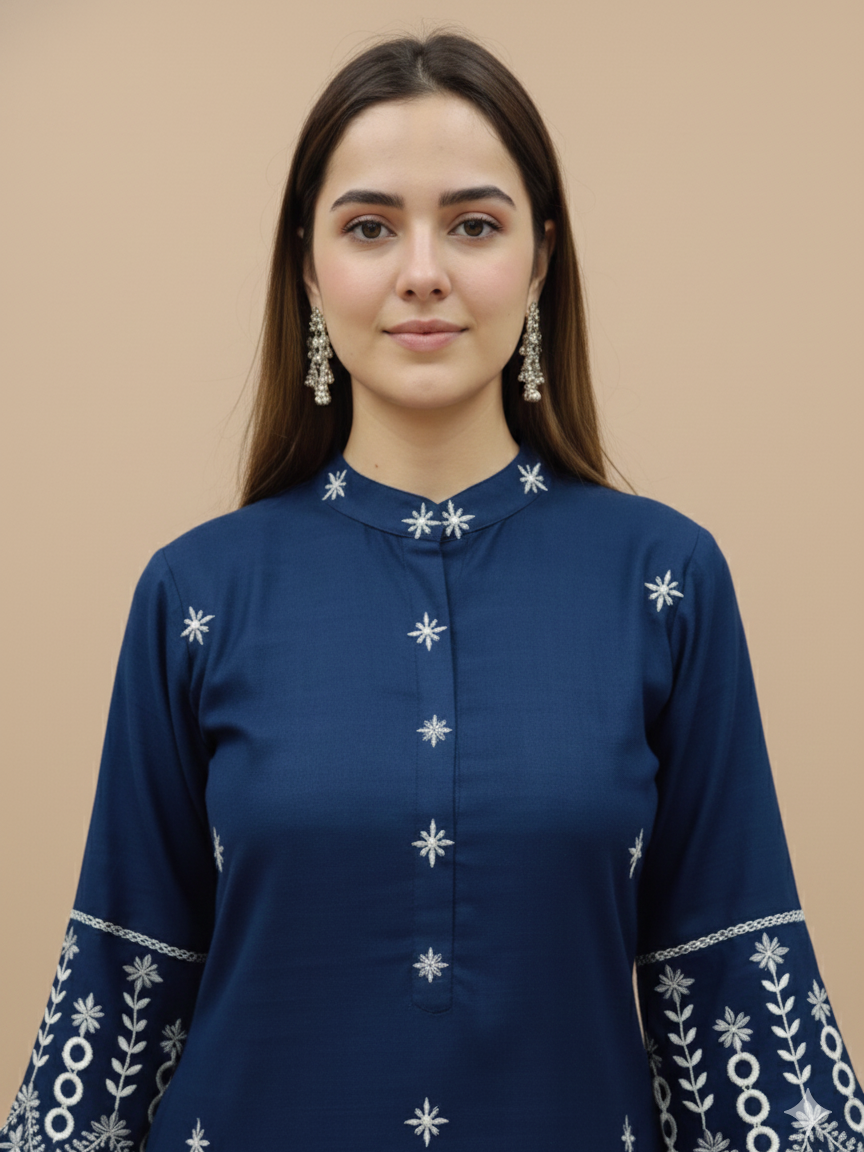 Classic Blue Cotton Suit with Minimal Hand Detailing