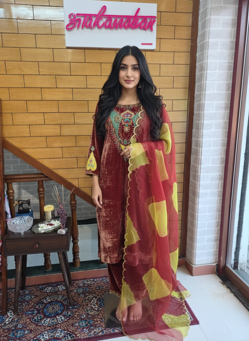 Velvet Suit With Organza Dupatta