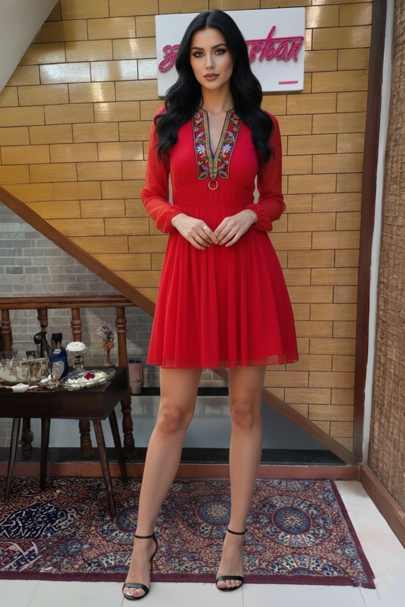 Red Embroidered V-Neck Flowy Dress