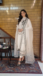 Off-White Suit with Embroidered Border Dupatta and Black Floral Accents
