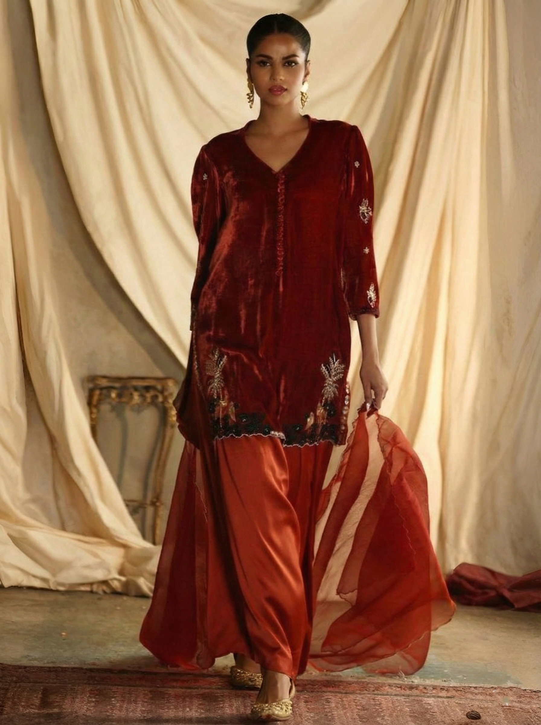 Silk Velvet Top & Silk Salwar Zardozi Suit