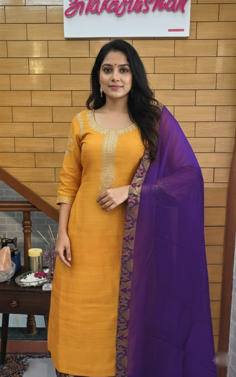 Raw silk suit with Brocade pants & Organza Dupptta