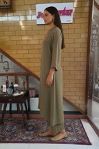 Olive Green Embroidered A-Line Kurta with Cutwork Pants Set