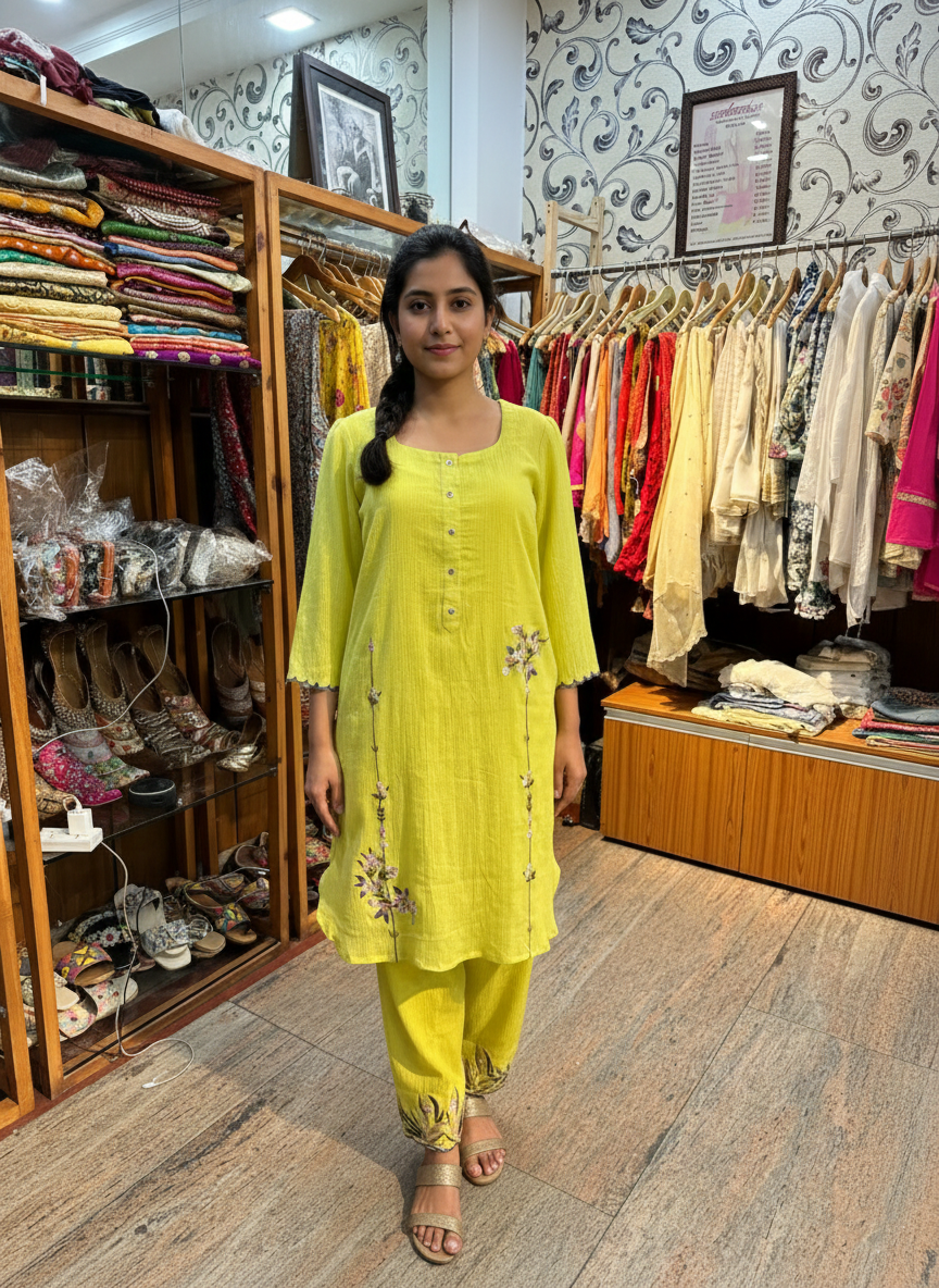 Crush Cotton Embroidered Suit Set with Resham Detailing