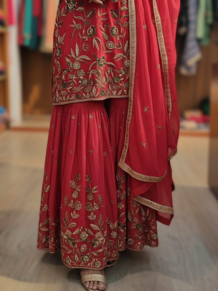 Flowing Crepe Garara Set Embellished with Intricate Zardozi Embroidery