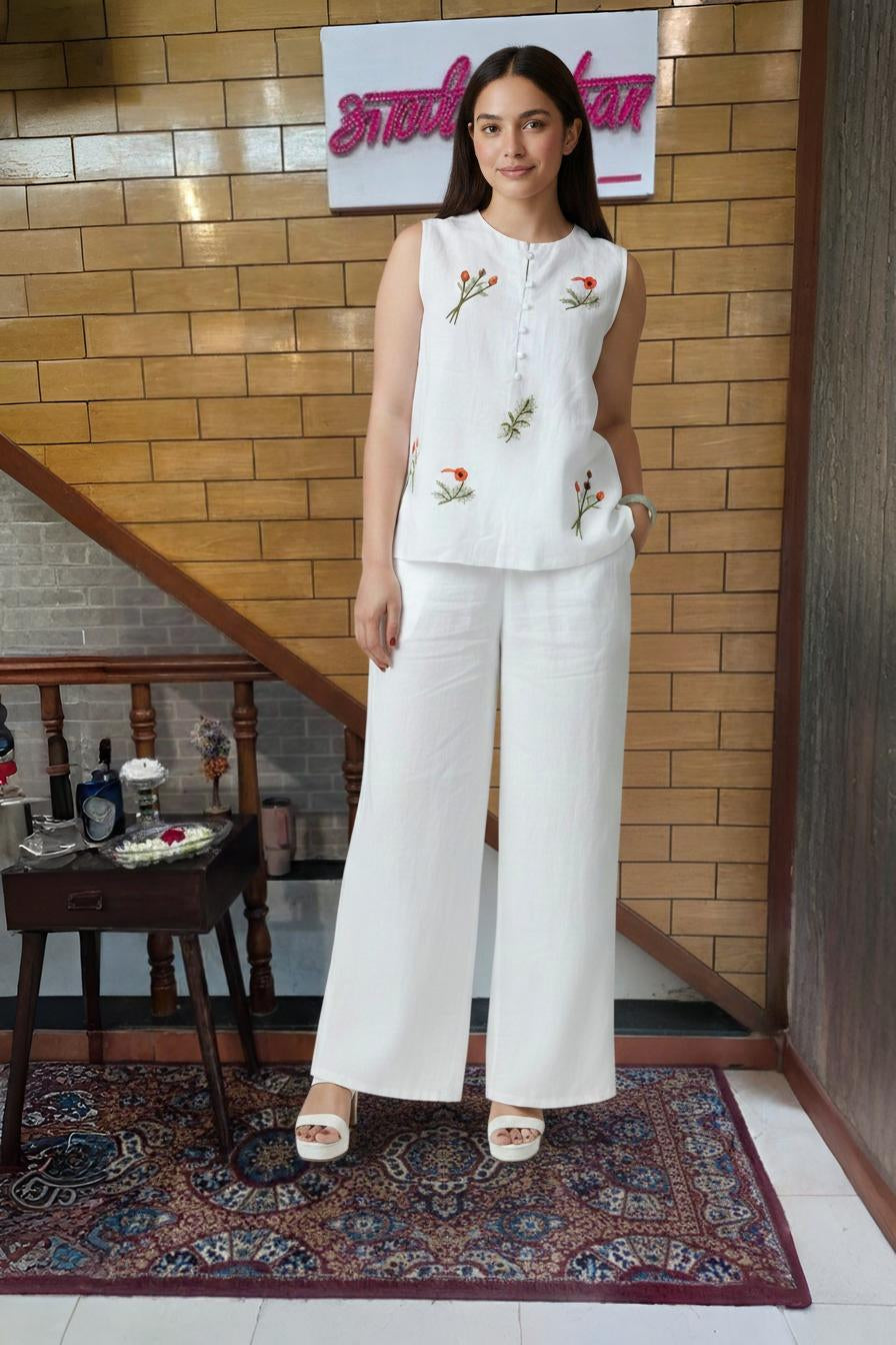 White Floral Embroidered Sleeveless Top with Wide-Leg Pants Co-Ord Set