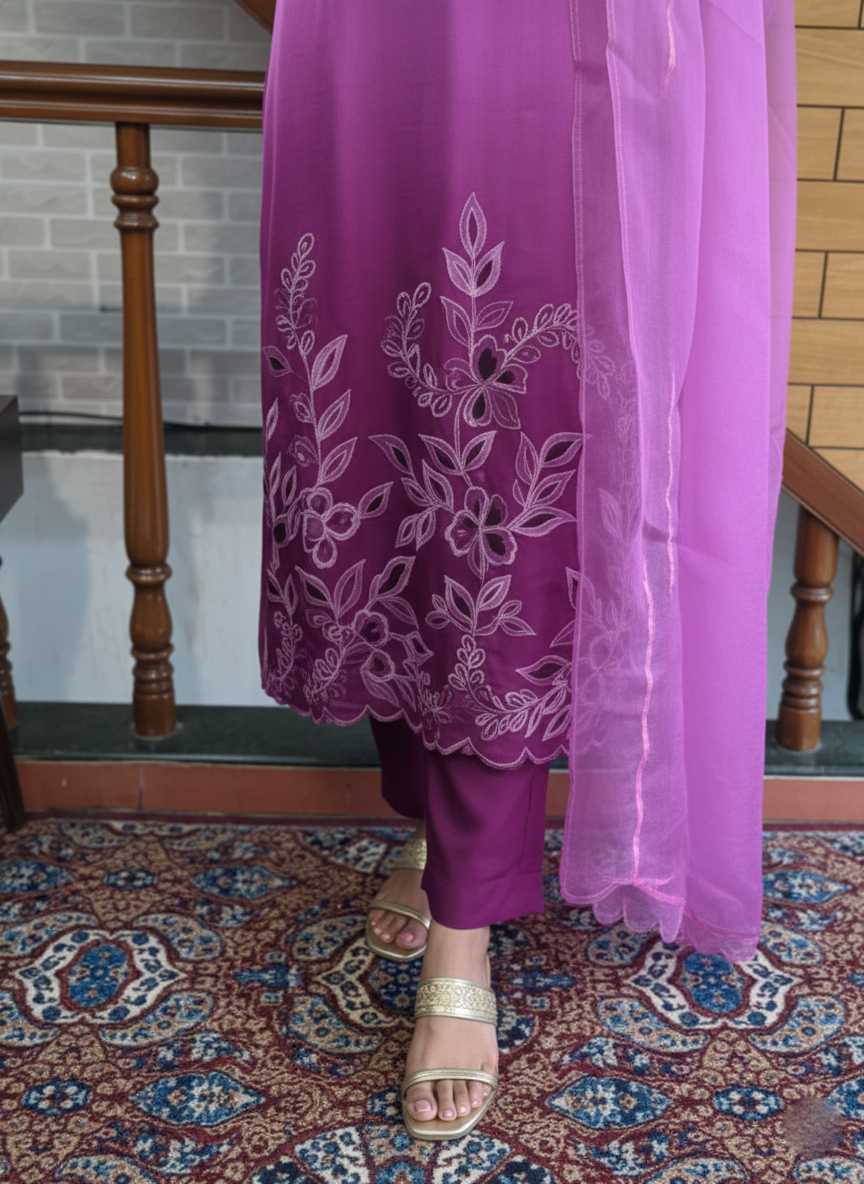 Handcrafted Ombre Modal Satin Suit with Cut Work