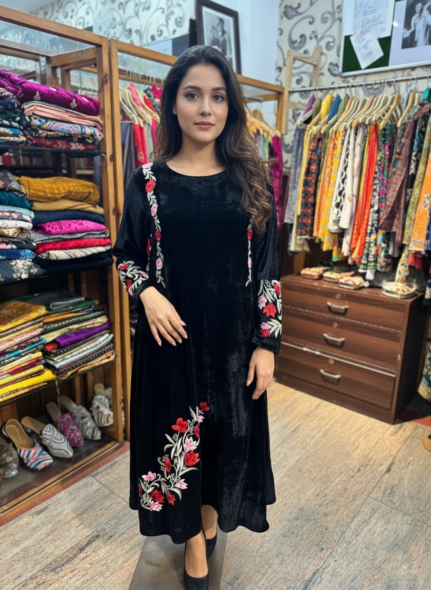 Silk Velvet Dress with Fine Resham Work Embroidery