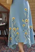 Dusty Blue Floral Embroidered High-Low Midi Dress