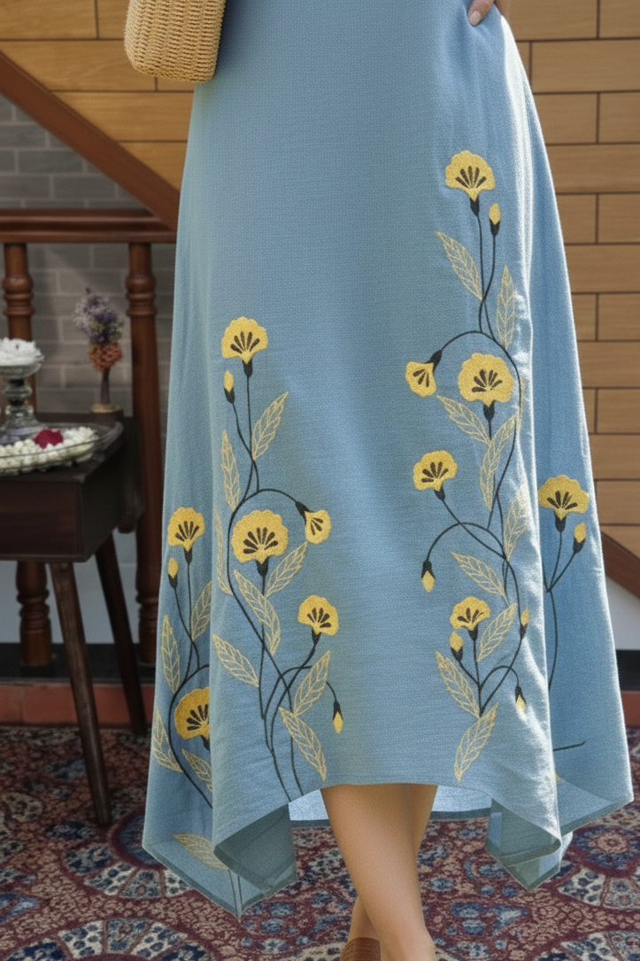 Dusty Blue Floral Embroidered High-Low Midi Dress