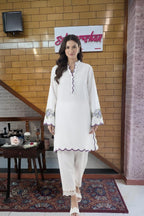 Ivory Scalloped Kurta Set with Floral Embroidered Sleeves & Lace Hem Pants
