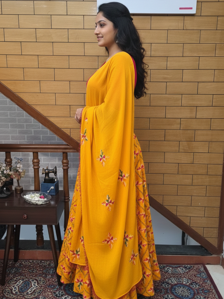 Phulkari Embroidered Skirt, Corset, and Dupatta Set