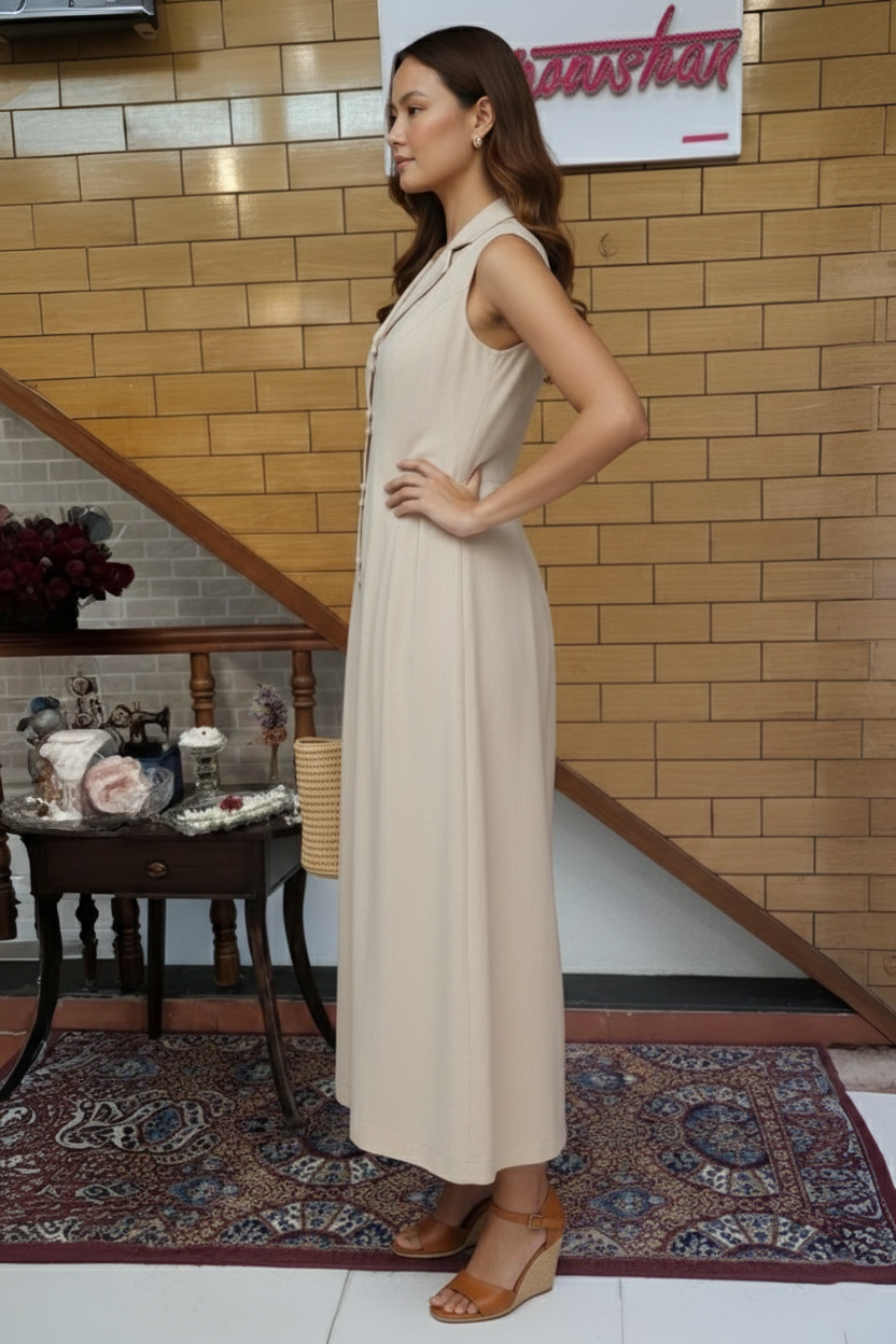 Beige Sleeveless Collared Button-Front A-Line Midi Dress