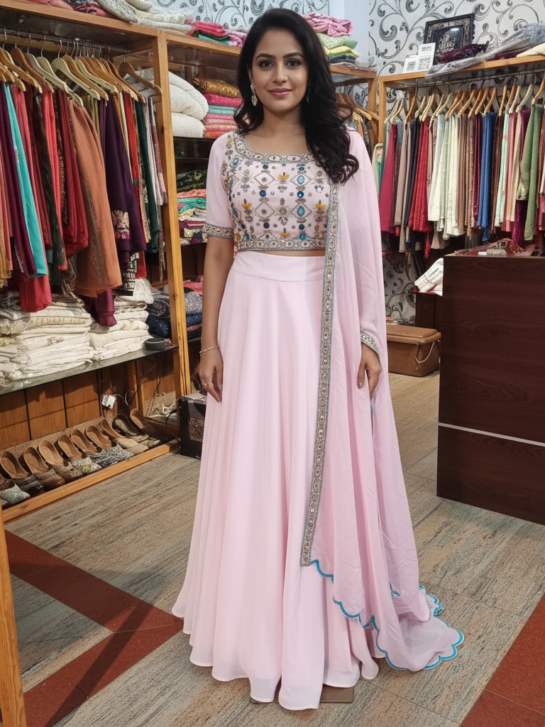 Elegant Blouse Skirt in Flowy Georgette with Stone Detailing