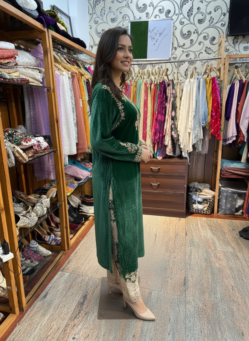 Emerald Silk Velvet Suit with Intricate Hand Zardozi Embroidery