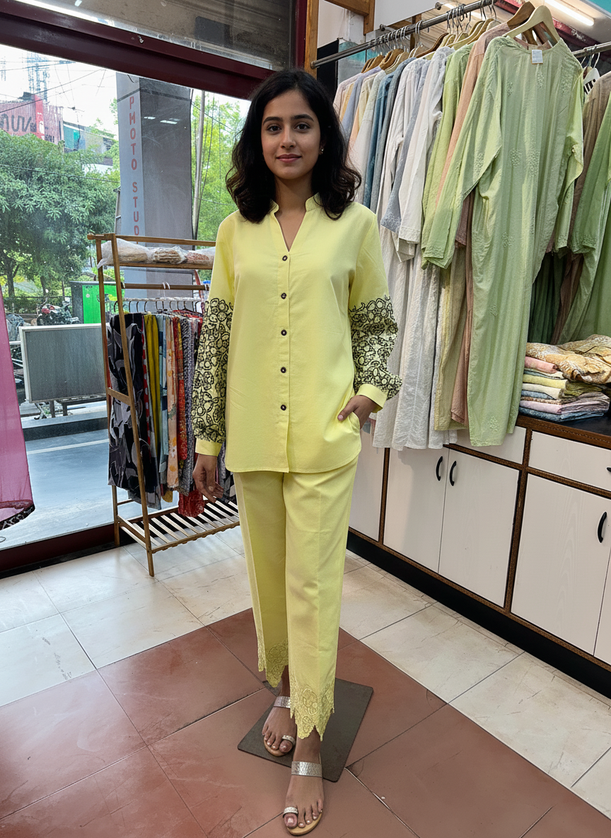 Linen Co-Ord Set with Intricate Resham and Cut Work