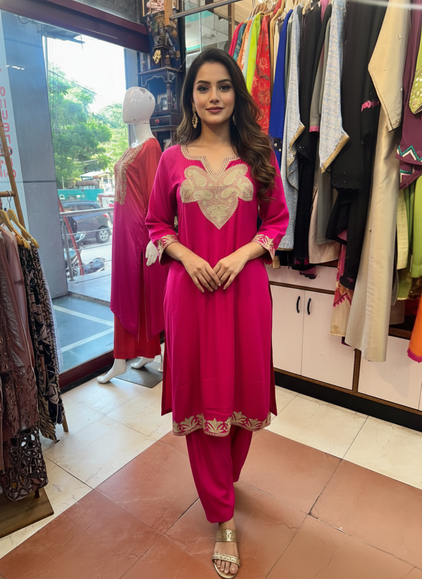 A-Line Crepe Suit with Traditional Aari Work Embroidery