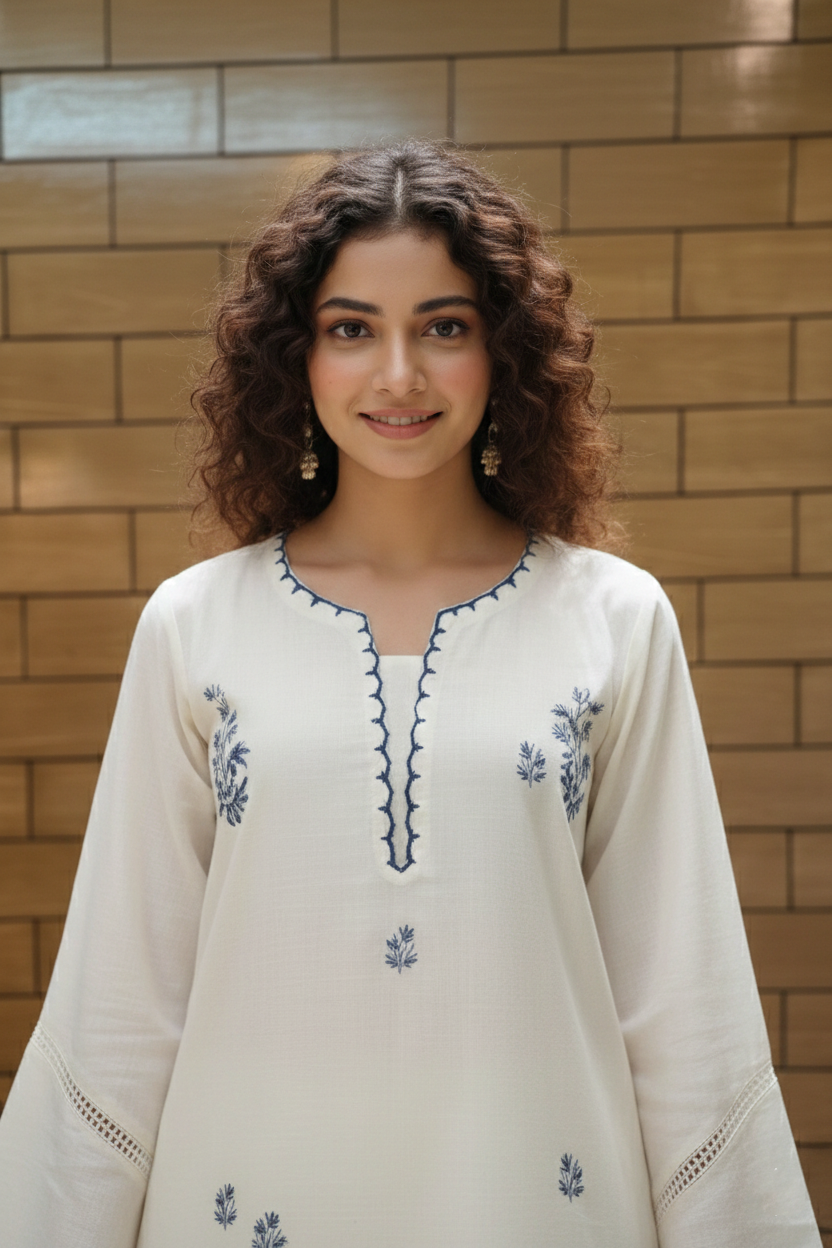 Ivory Embroidered Kurta with Scalloped Bell Sleeves & Straight Pants Set