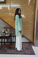 Mint Green Floral Appliqué Kurta with Ivory Wide-Leg Pants Set