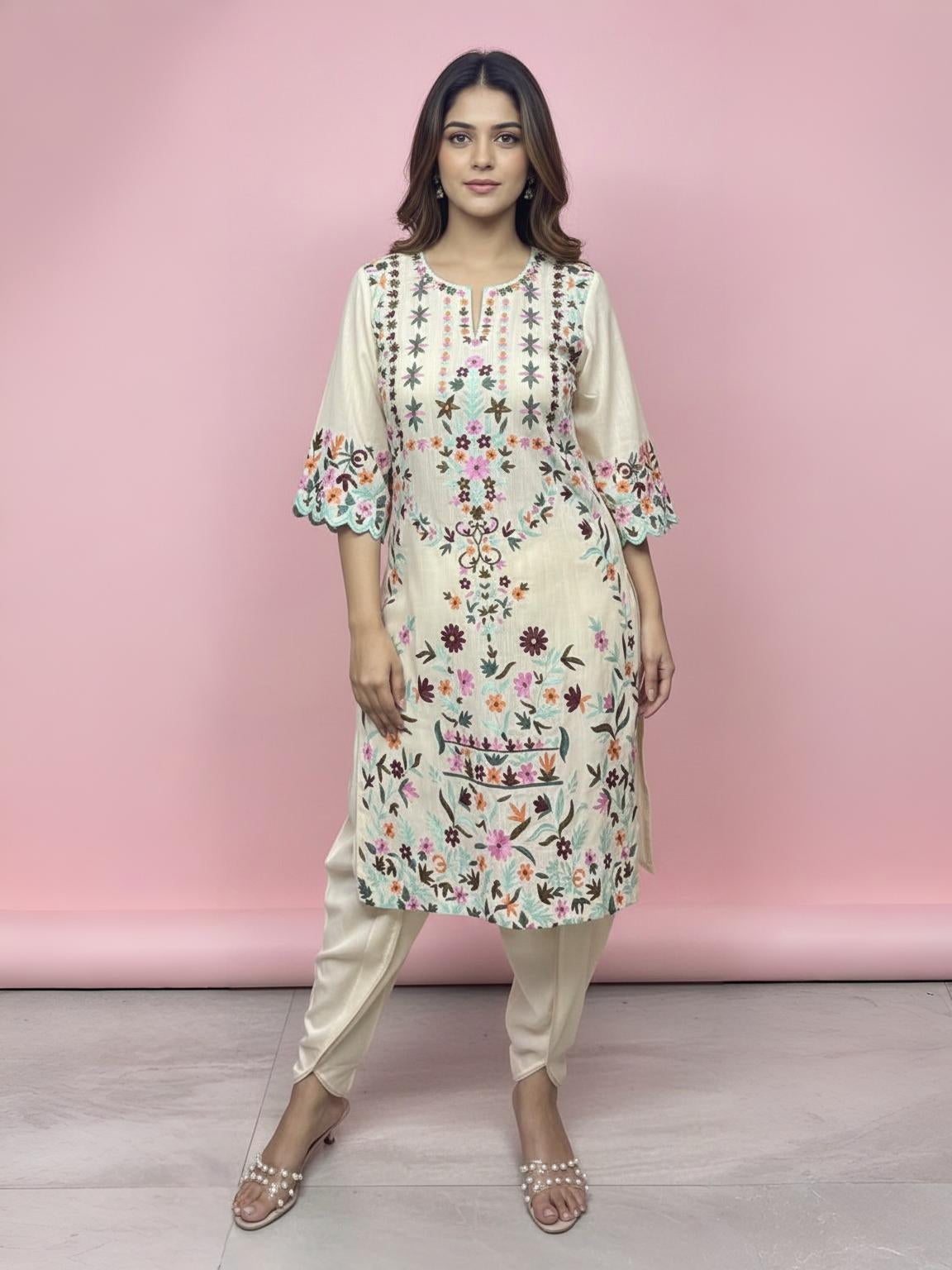 Handcrafted Cotton Aari Work Suit Set with Floral Embroidery