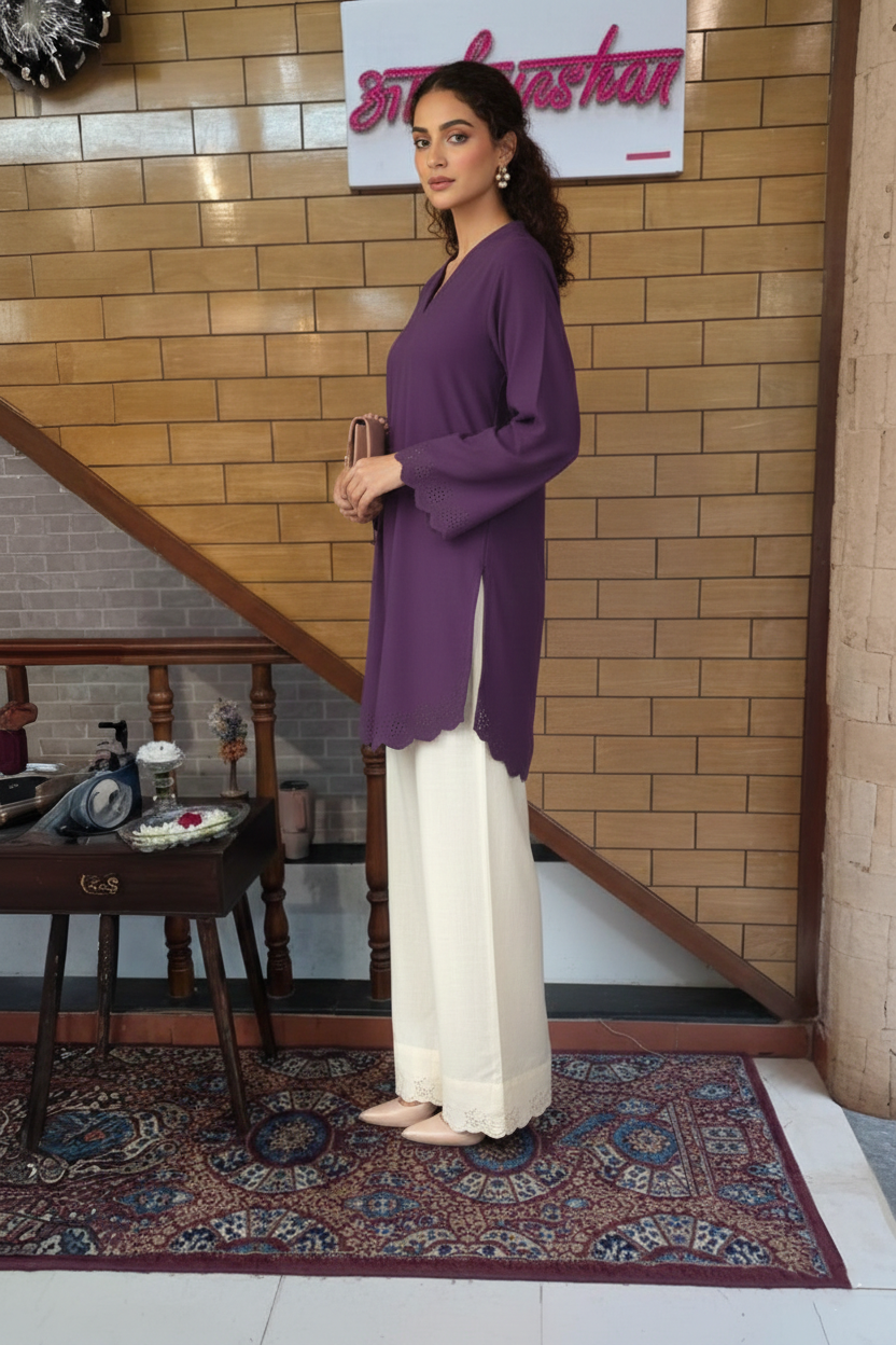 Deep Purple Scalloped Kurta with Ivory Straight Pants Set