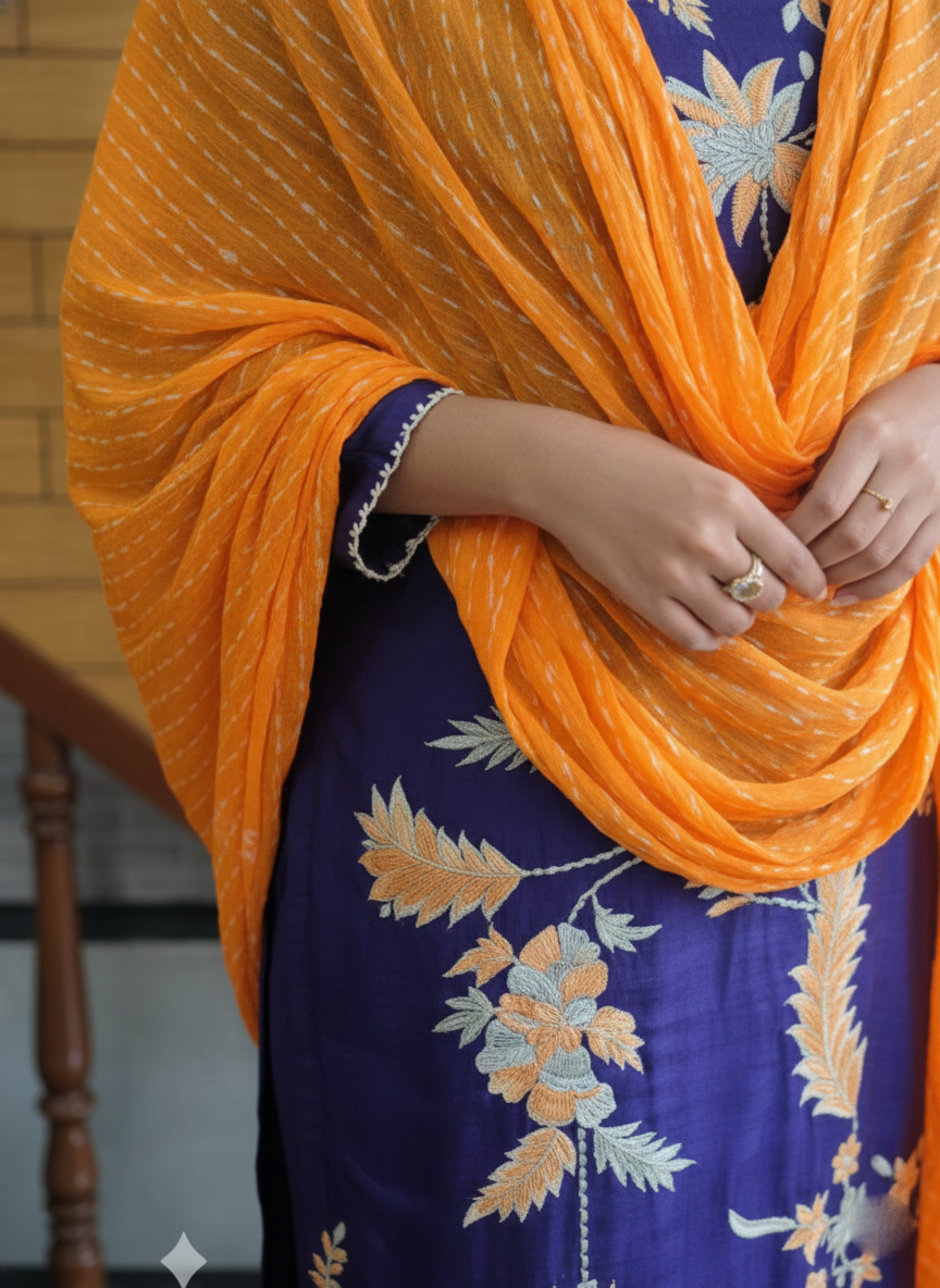 Silk suit with bandhani dupatta