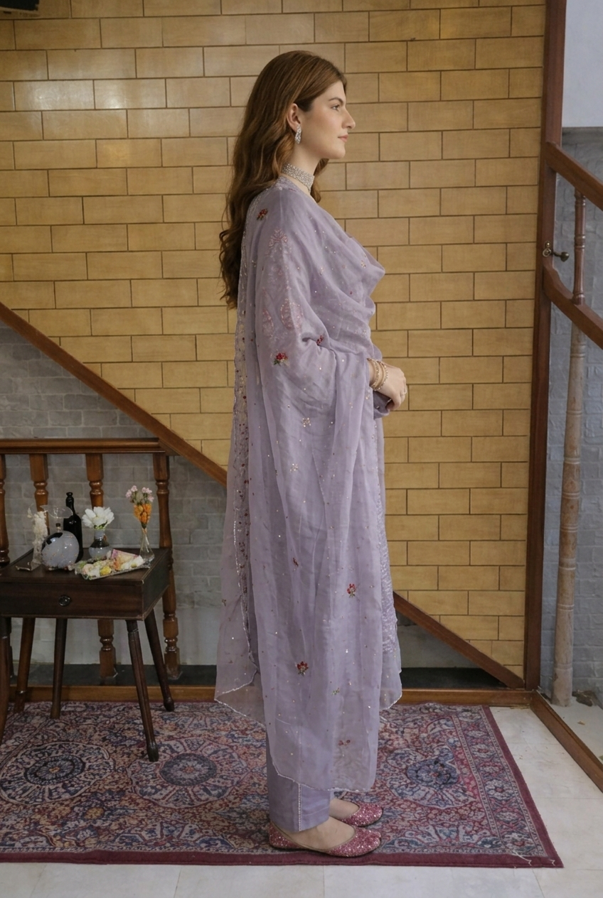 Lavender Mist Embroidered Kurta Set with Sheer Dupatta