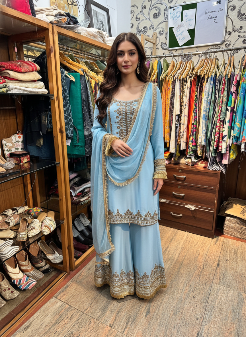 Traditional Sharara Ensemble: Silk Fabric Enhanced by Zardozi, Paired with Organza