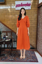 Rust Orange V-Neck Button-Front Midi Dress with Puff Sleeves