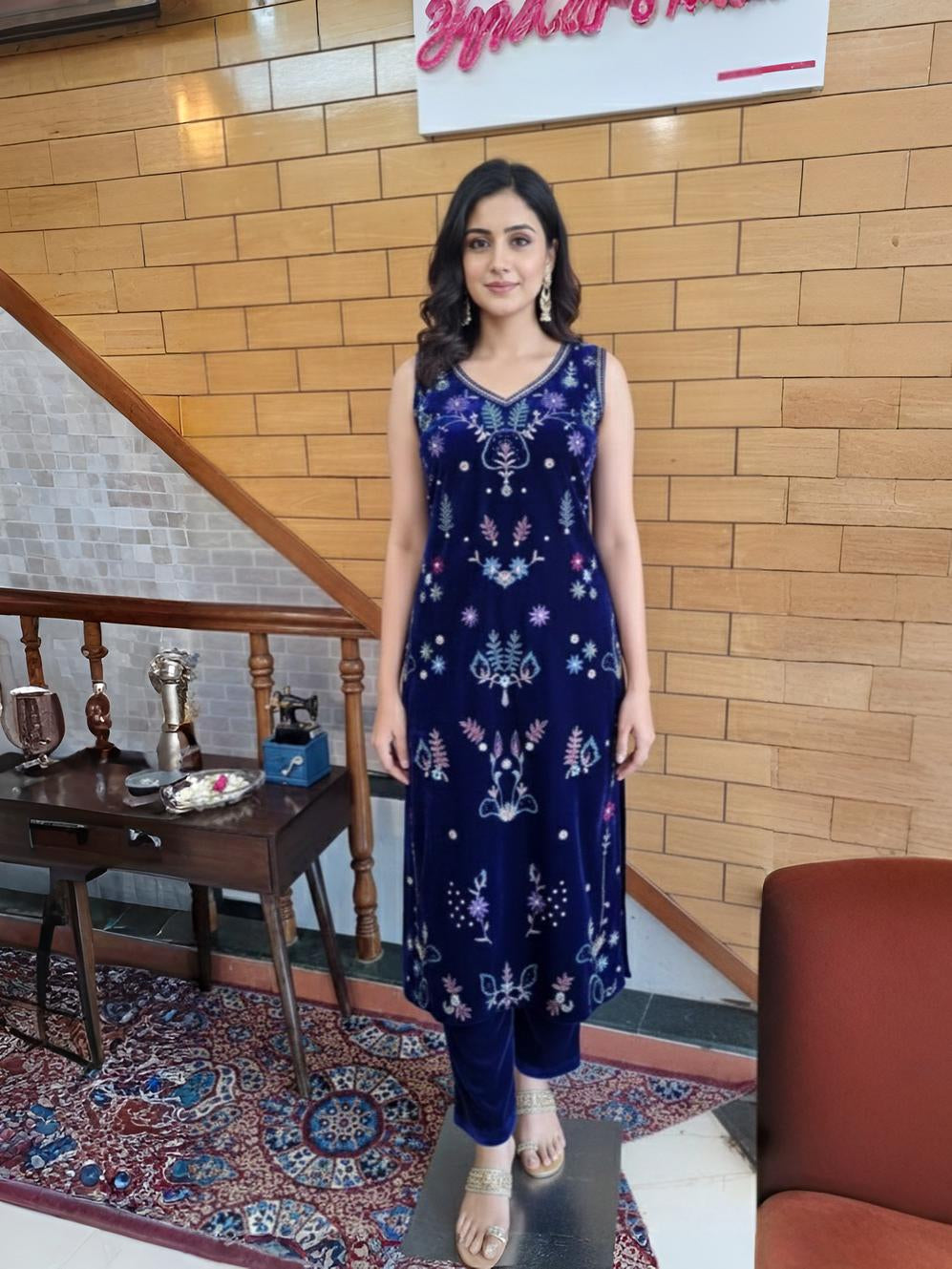 Elegant Silk Velvet Zardozi Work Suit Paired with Organza Dupatta