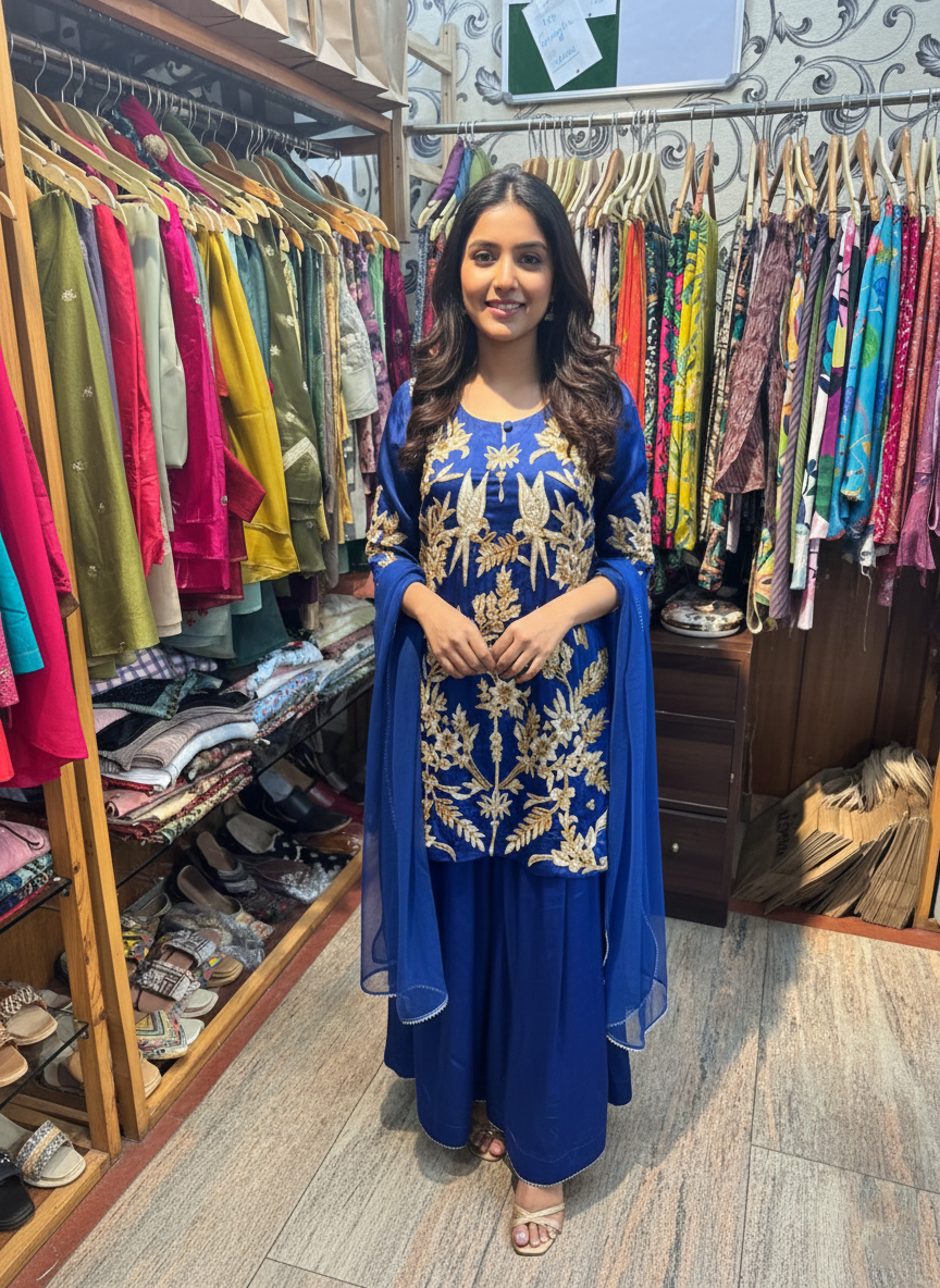 Designer Silk Sharara Ensemble Featuring Dual Zari and Cutdana Embroidery