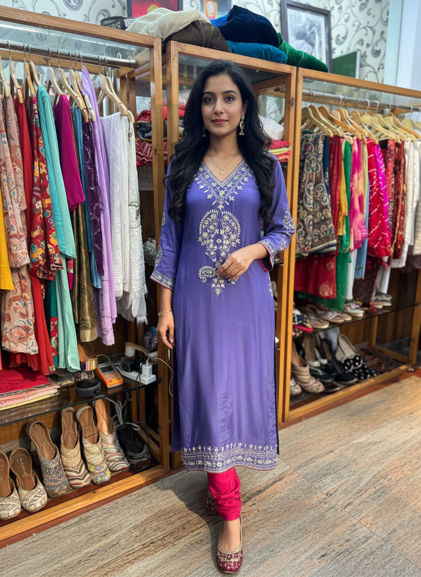 Royal Purple Crepe Suit with Elegant Gold Aari Embroidery